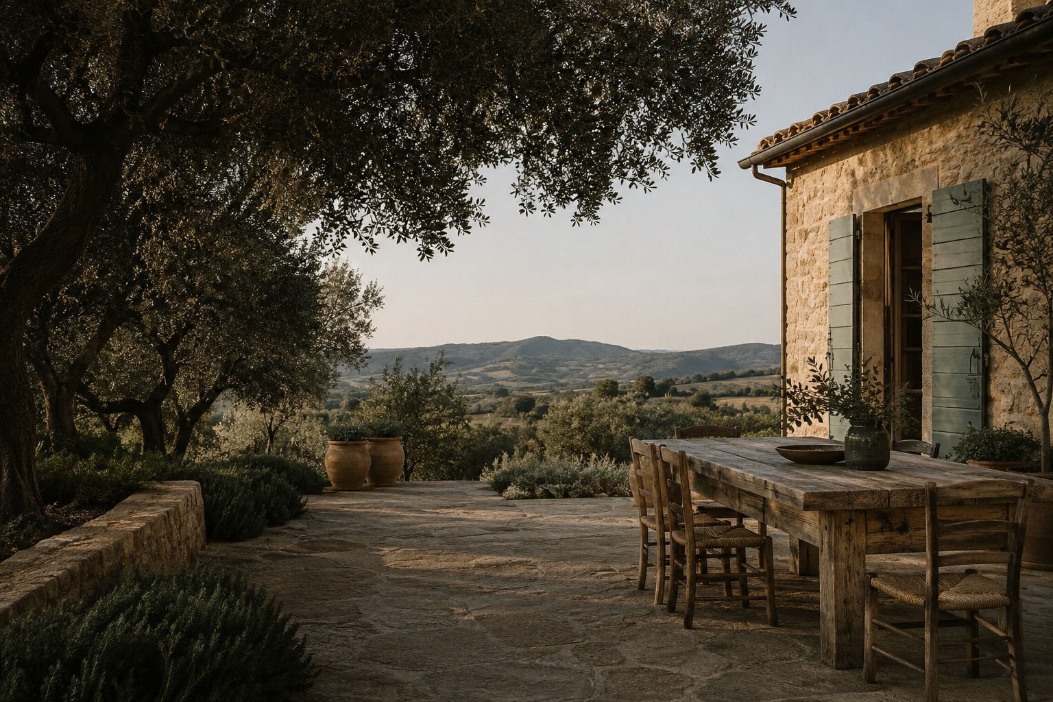 AI-generated dining terrace shaded by olive trees overlooking rolling Italian countryside